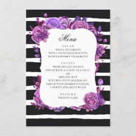 Menú Flores moradas y rosas. Boda rayado negro