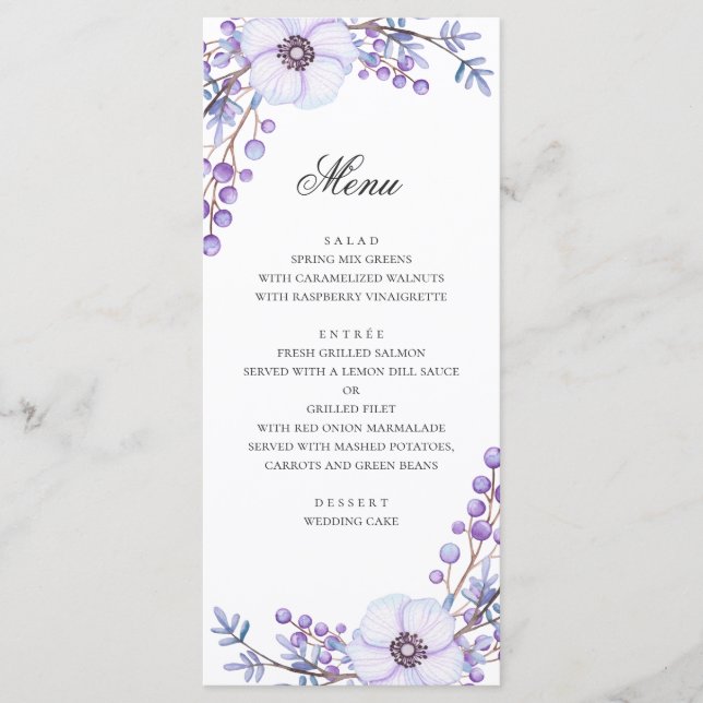 Menú Flores púrpuras. Cena de boda floral violeta (Anverso)