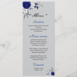 Menú flores reales azules blancas hojas de plata boda