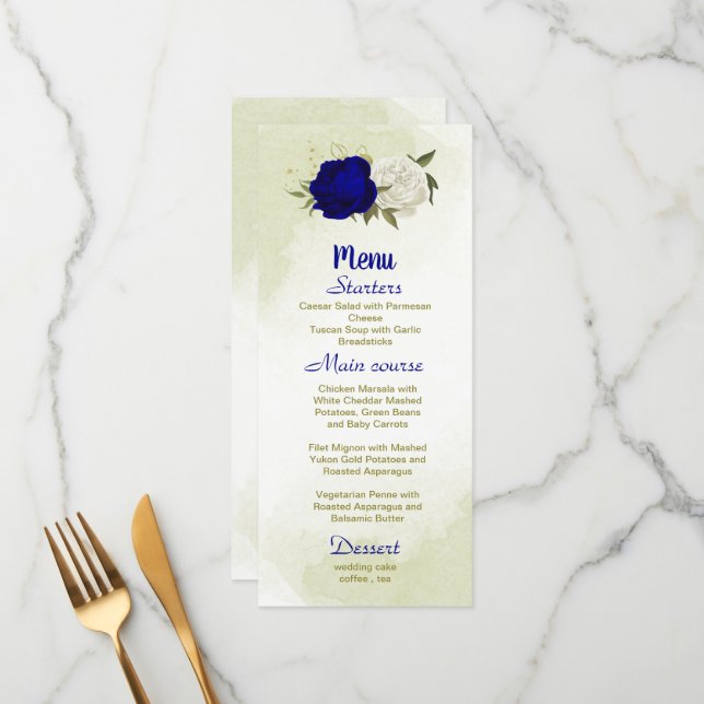 Menú flores reales azules blancas hojas verdes boda (Anverso/Reverso In Situ)