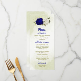 Menú flores reales azules blancas hojas verdes boda