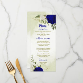 Menú flores reales azules blancas hojas verdes boda