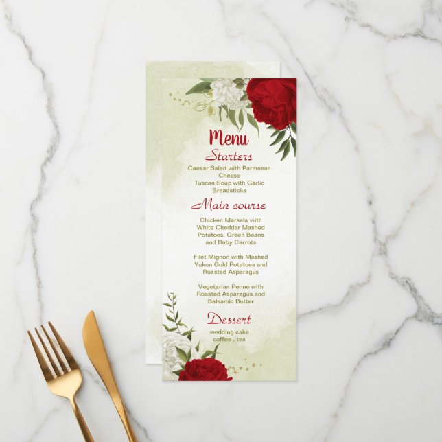 Menú flores rojas hojas verdes boda (Anverso/Reverso In Situ)