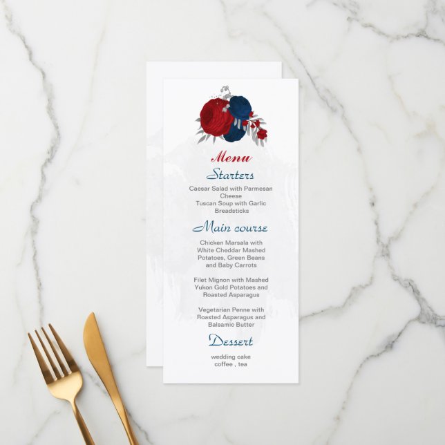 Menú flores rojas y azul marino boda botánico plateado (Anverso/Reverso In Situ)
