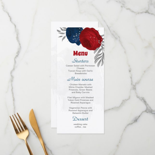 Menú flores rojas y azul marino boda botánico plateado  (Anverso/Reverso In Situ)