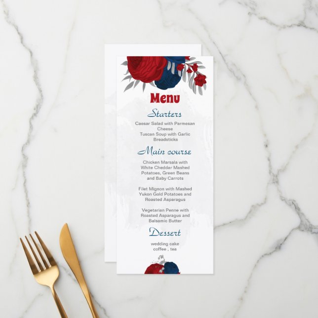 Menú flores rojas y azul marino boda botánico plateado (Anverso/Reverso In Situ)
