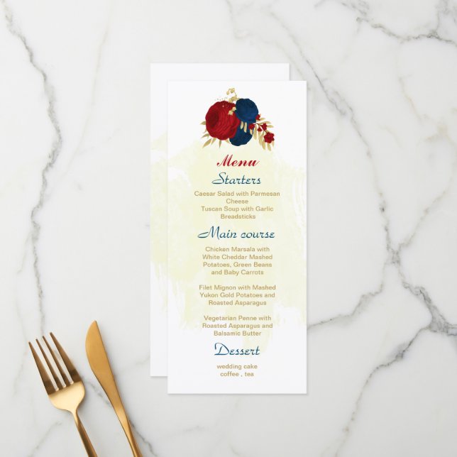 Menú flores rojas y azul marino hojas de oro boda (Anverso/Reverso In Situ)