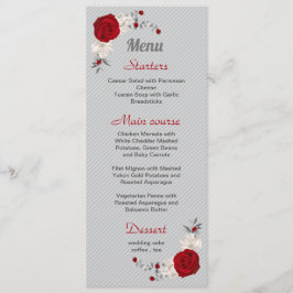 Menú flores rojas y blancas hojas de plata boda