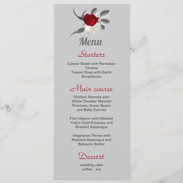 Menú flores rojas y blancas hojas de plata boda (Anverso)