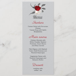 Menú flores rojas y blancas hojas de plata boda