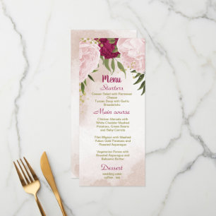 Menú flores rosa magenta hojas verdes boda