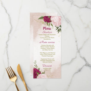 Menú flores rosa magenta hojas verdes boda