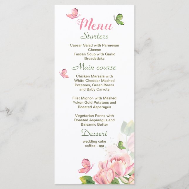 Menú Flores rosadas calientes hojas verdes mariposas bo (Anverso)