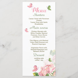 Menú Flores rosadas calientes hojas verdes mariposas bo