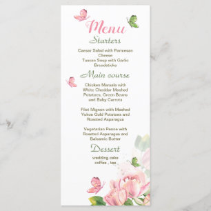 Menú Flores rosadas calientes hojas verdes mariposas bo