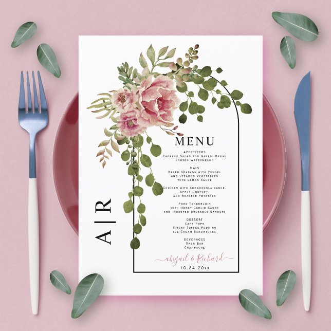 Menú Flores rosadas rosas, boda de arco y monograma (Subido por el creador)