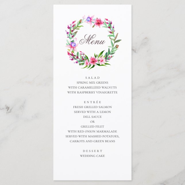 Menú Flores rosadas tropicales. Boda floral acuarela (Anverso)