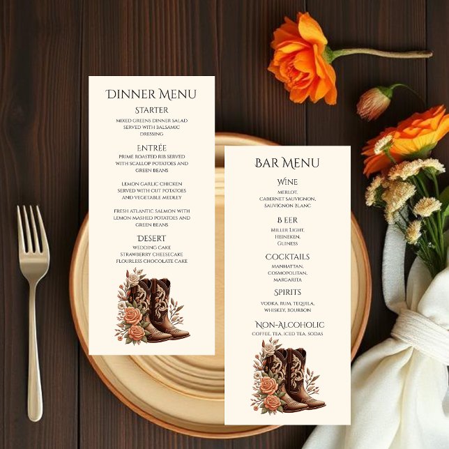 Menú Flores rurales occidentales con boots de vaquero (Modern Country Western Wedding-Flowers With Cowboy Boots-Wedding Dinner and Bar Menu)