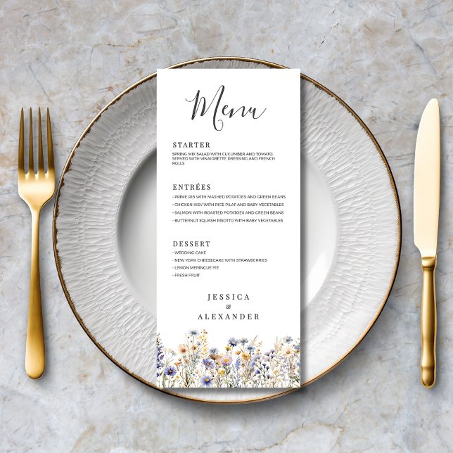 Menú Flores salvajes azul turquesa Boda Formal Elegante (Dusty Blue Wildflowers Formal Elegant Wedding Menu with Couple Names, Wedding Date.
)