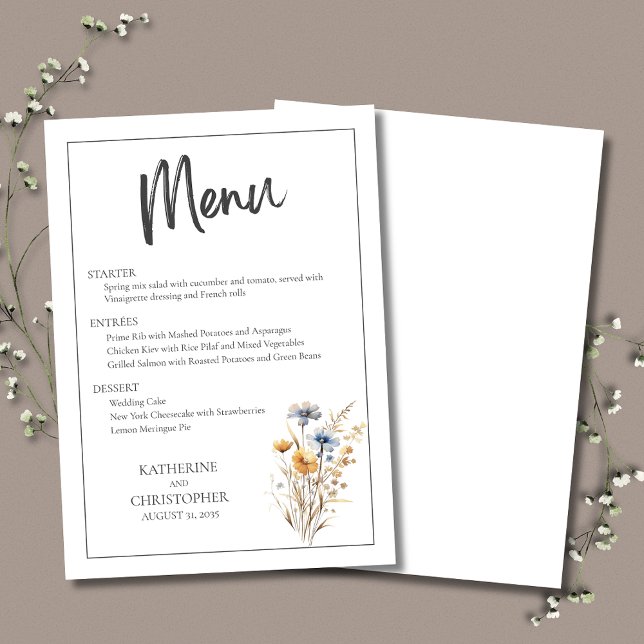 Menú Flores salvajes azules Boda floral elegante y mode (Blue Wildflowers Modern Elegant Wedding Menu with blue, yellow and purple flowers and menu choices.)