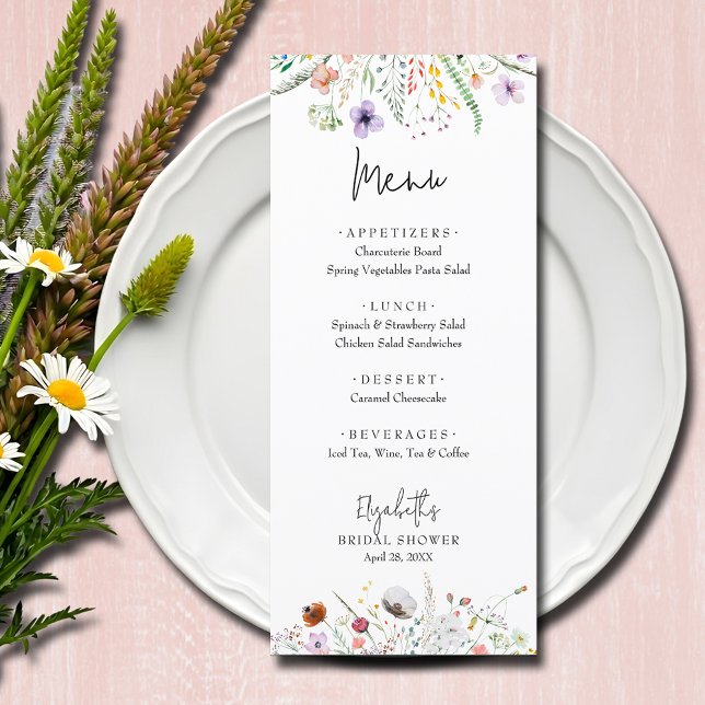 Menú Flores salvajes Ducha de novias (Wildflowers bridal shower menu cards)