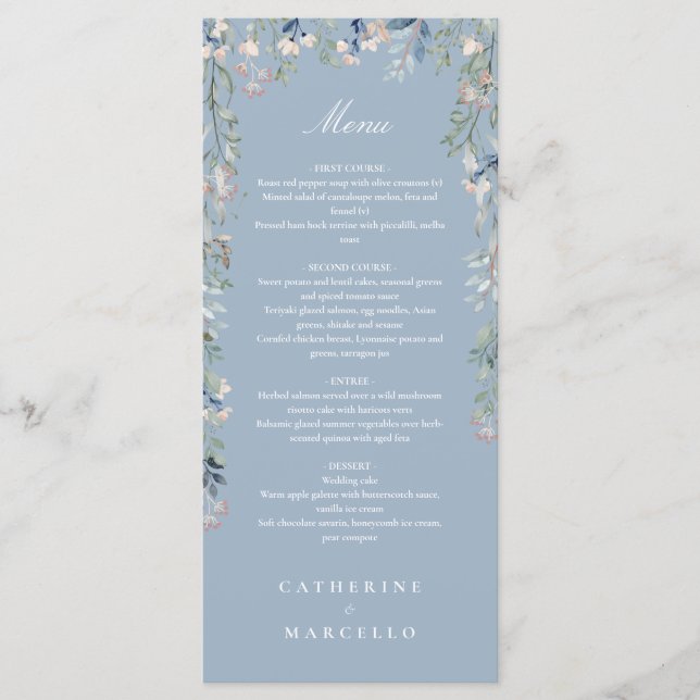 Menú Flores salvajes Dusty Blue Floral Boda Cena (Anverso)