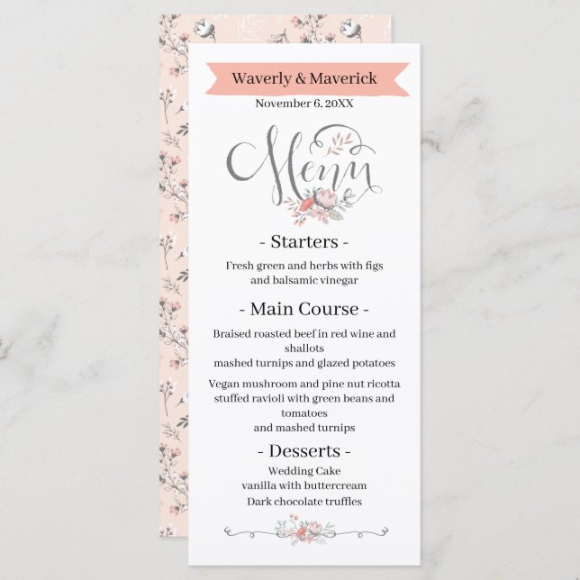Menú Flores salvajes rusticas Boda rosa botánico (Anverso / Reverso)