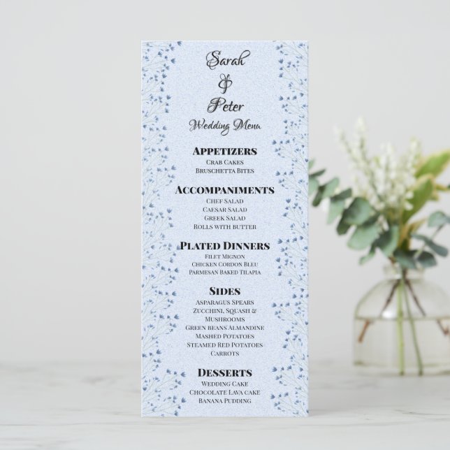 Menú Flores Silvestres Azules Oscuras Delicadas Boda Ro (Anverso de pie)