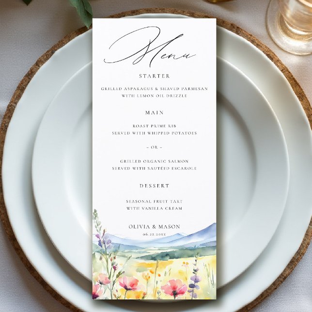 Menú Flores Silvestres de Montaña Pradera Floral Modern (mountain wedding menu wildflowers meadow floral watercolor modern calligraphy garden nature forest)