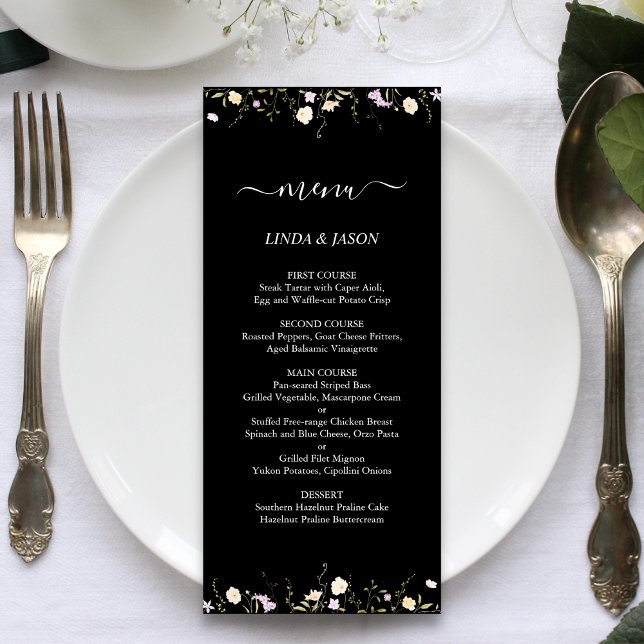 Menú Flores Silvestres Elegantes en Blanco y Negro Boda (Black and white wildflowers floral menu adds elegant charm while guiding guests at weddings.)