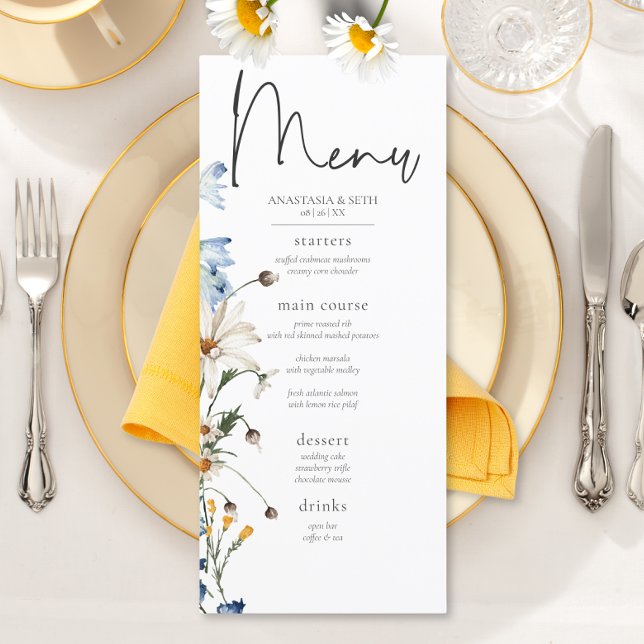 Menú Flores silvestres y margaritas azules polvorientas (Rustic Dusty Blue Wildflowers & Daisies Long Wedding Menu)