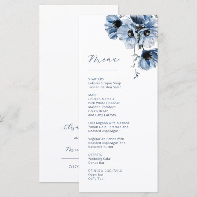Menú Flores Transparentes Azules Boda (Anverso / Reverso)