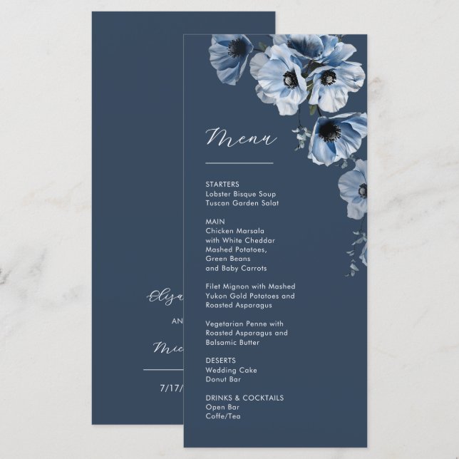 Menú Flores transparentes azules boda (Anverso / Reverso)
