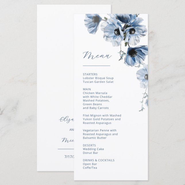 Menú Flores transparentes azules boda (Anverso / Reverso)