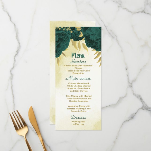 Menú Flores verdes de esmeralda hojas de oro boda (Anverso/Reverso In Situ)