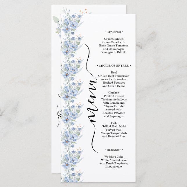 Menú flores y hojas de acuarela azules polvorientas rús (Anverso / Reverso)