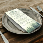 Menú Foggy Green Pine Trees Rustic Elegance Boda<br><div class="desc">La carta boda es sencilla,  rústica y elegante. Presenta un sofisticado título de caligrafía de escritura con un telón de fondo de bosques de pinos verdes envueltos en niebla o niebla. La parte trasera es de un color verde profundo del bosque. Ideal para una recepción al aire libre.</div>