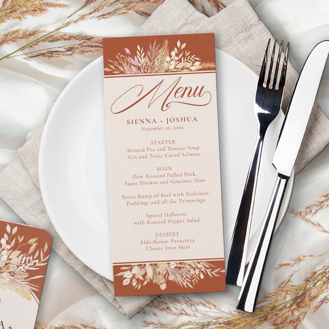 Menú Foliage Duet Terracotta Cream Boda Botánico (Terracotta wedding menu - fully editable in burnt orange and cream)