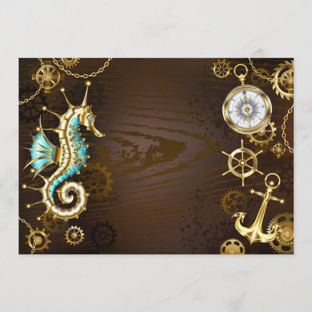 Menú Fondo de madera con caballito de mar mecánico (Anverso)