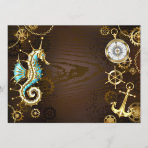 Menú Fondo de madera con caballito de mar mecánico