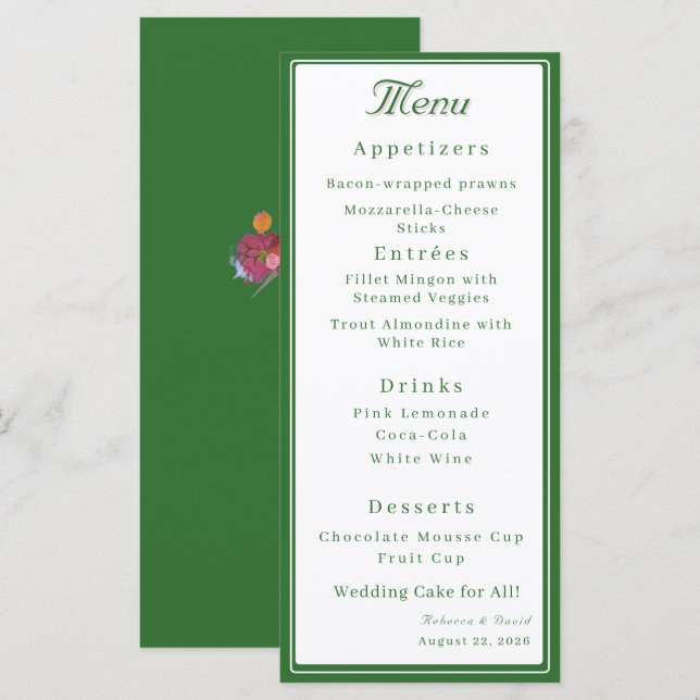 Menú Forest Green Two Hearts Catholic Wedding (Anverso / Reverso)