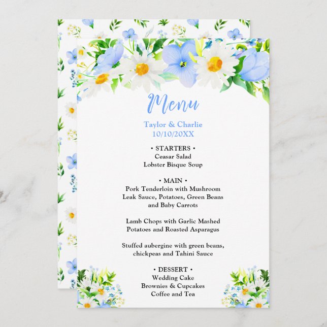 Menú Forget-Me-Nots and Daisies Floral Wedding (Anverso / Reverso)