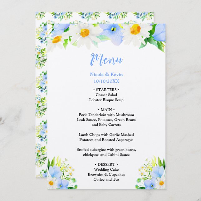 Menú Forget-Me-Nots and Daisies Floral Wedding (Anverso / Reverso)