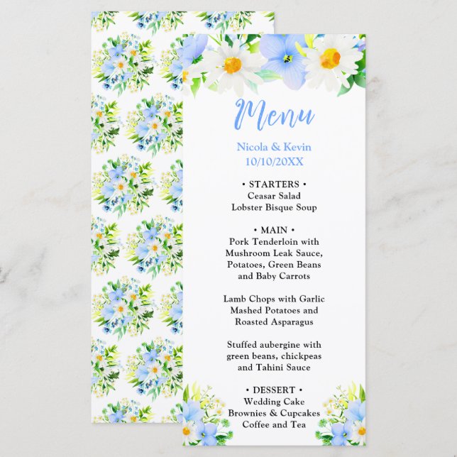 Menú Forget-Me-Nots and Daisies Floral Wedding (Anverso / Reverso)