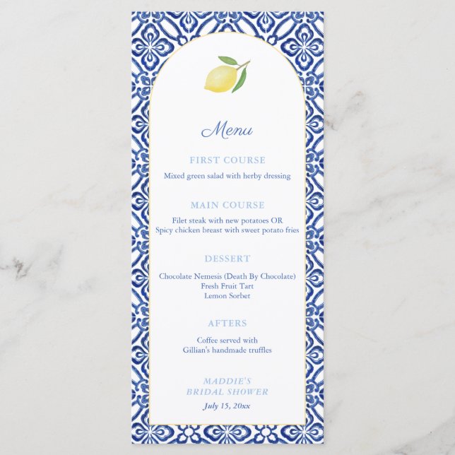 Menú Forma de arco Lemons Blue Tiles Bridal Shower Fies (Anverso)