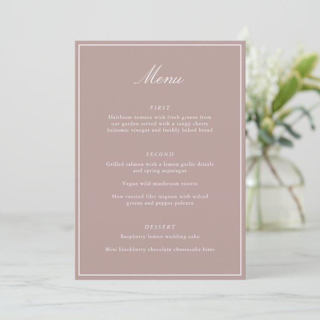 Menú Formal Classic Border Mauve Script Elegant Wedding (Anverso de pie)