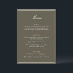 Menú Formal Classic Border Olive Script Elegant Wedding<br><div class="desc">This formal wedding menu card features an elegant script heading, clean serif typography, and a classic border on an olive background for a timeless reception look. The structured layout presents each course clearly while adding a refined, cohesive touch to table settings or place settings. Designed to coordinate seamlessly with classic...</div>