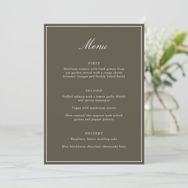 Menú Formal Classic Border Olive Script Elegant Wedding (Anverso de pie)