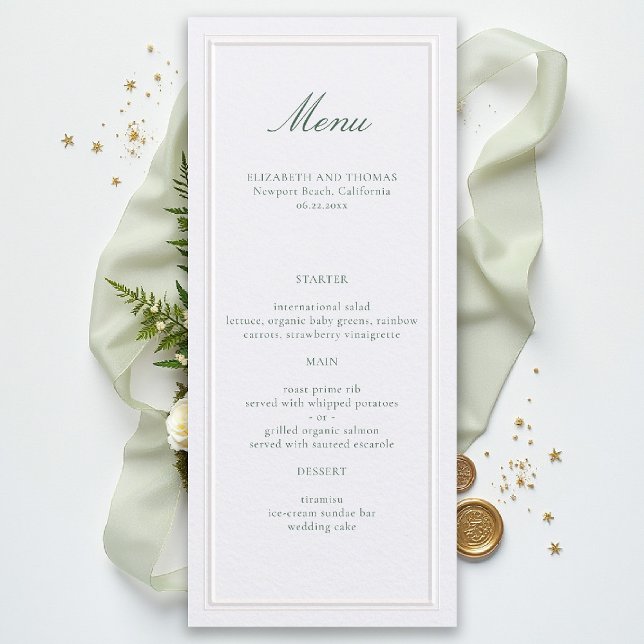 Menú Formal Classic Green Elevated Frame Pearl Wedding (formal wedding menu modern classic pearl white double frame green calligraphy)