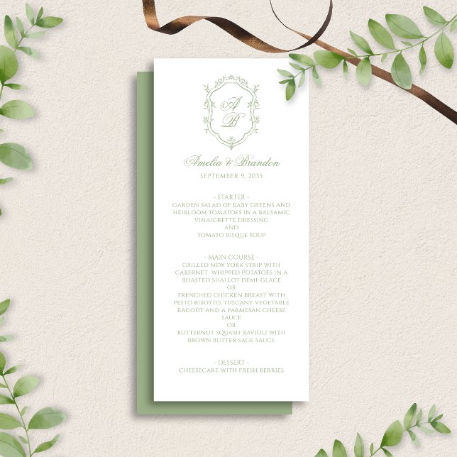 Menú Formal Classic Sage Green Monogram Crest Wedding (Subido por el creador)